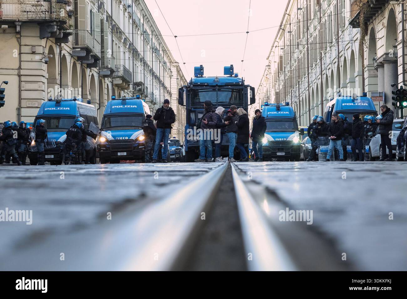 Turin Riots Turin, Italy. 31st Jan, 2026. Riot police deployed a security cordon to ...