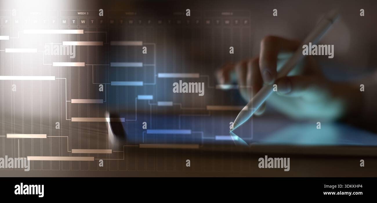 Project Management and Workflow Scheduling Illustrated on a Digital Gantt Chart Interface. Stock Photo