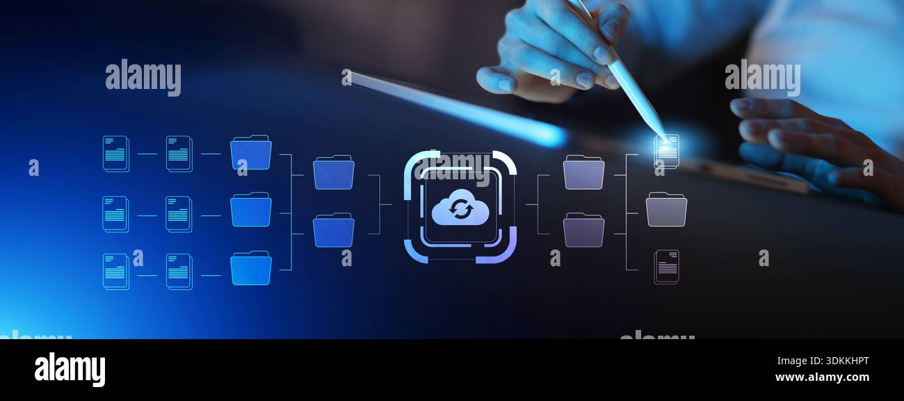 Cloud Data Synchronization and Digital File Management System Concept. Stock Photo