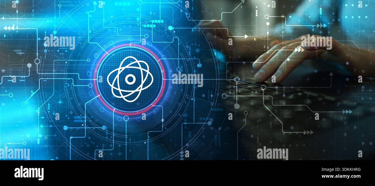 Quantum Computing and Atomic Energy Symbol Illustrated on Futuristic Digital Interface. Stock Photo