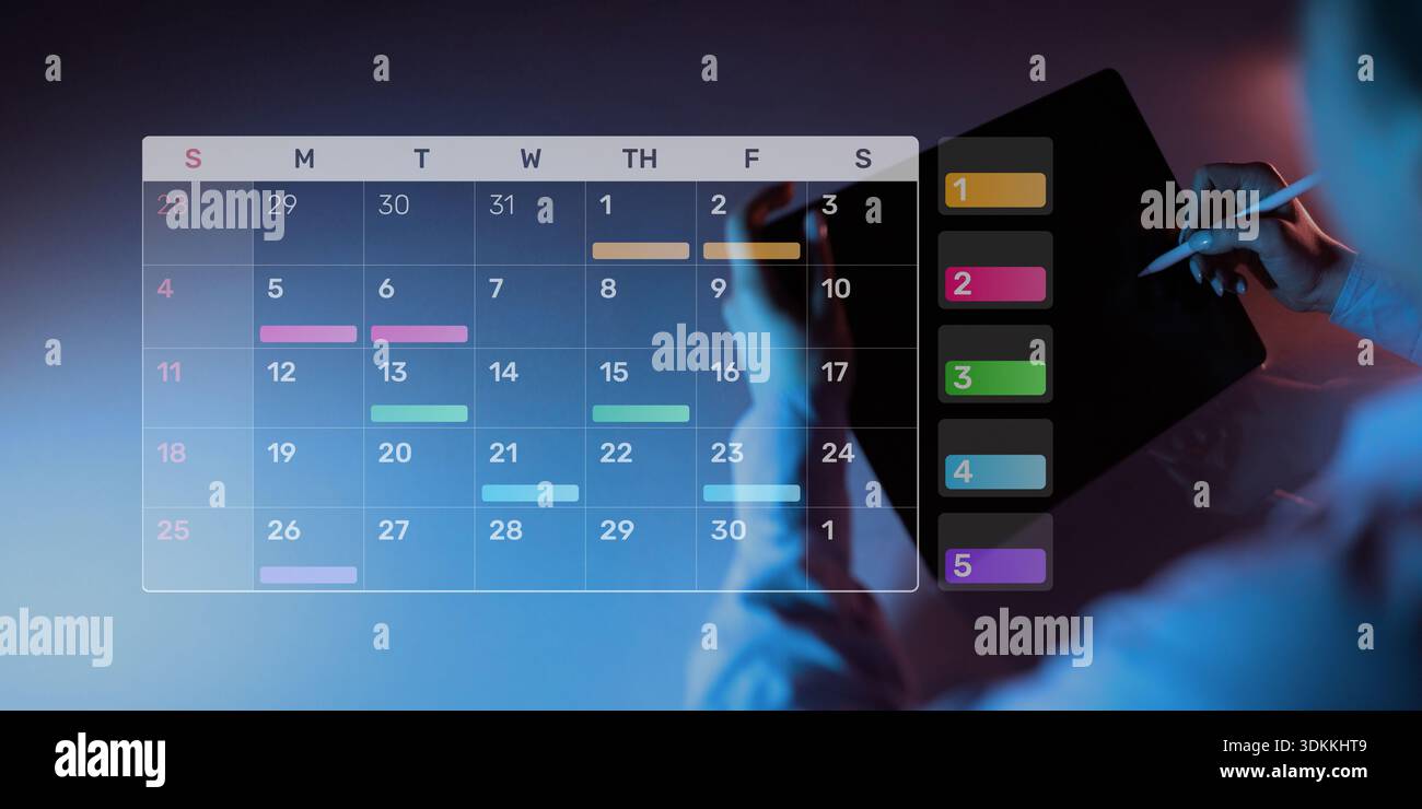 Project Management and Schedule Planning Displayed on a Digital Calendar Interface. Stock Photo