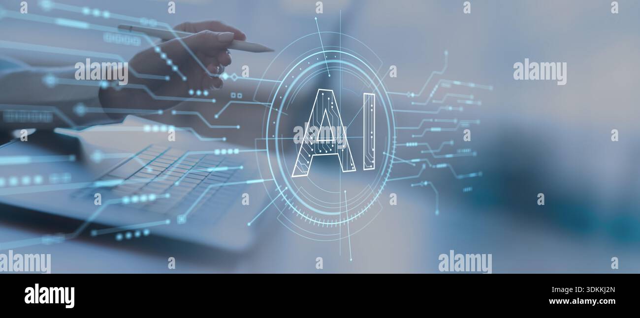 AI data processing concept with human touch and digital intelligence interface. Stock Photo