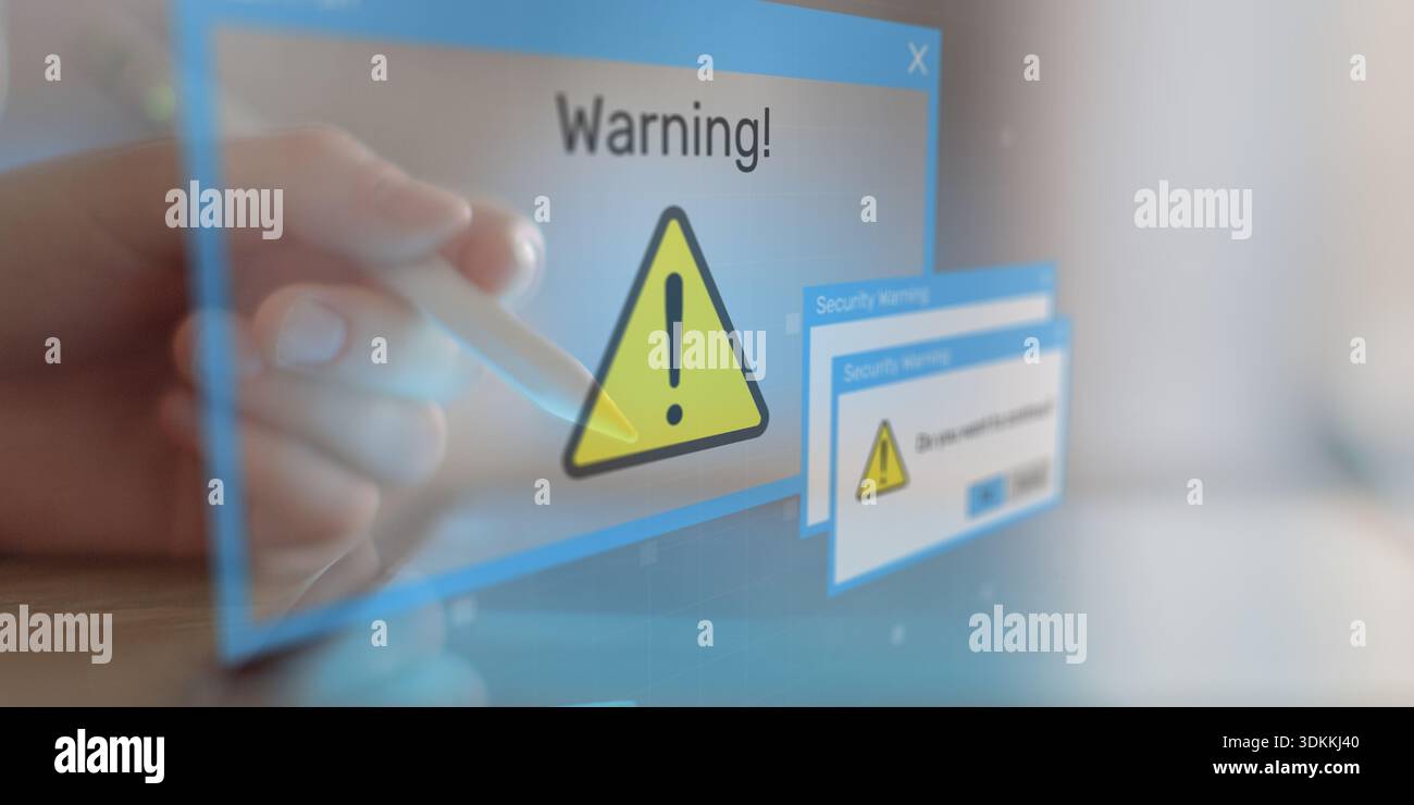 Security Warning Notifications Displayed on Digital Interface with Risk Alert Symbols. Stock Photo