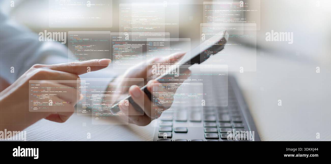 Mobile Application Development and Software Programming Visualization on Smartphone. Stock Photo