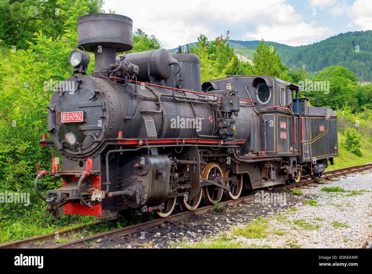 Historic steam locomotive displayed on railway tracks, representing ...
