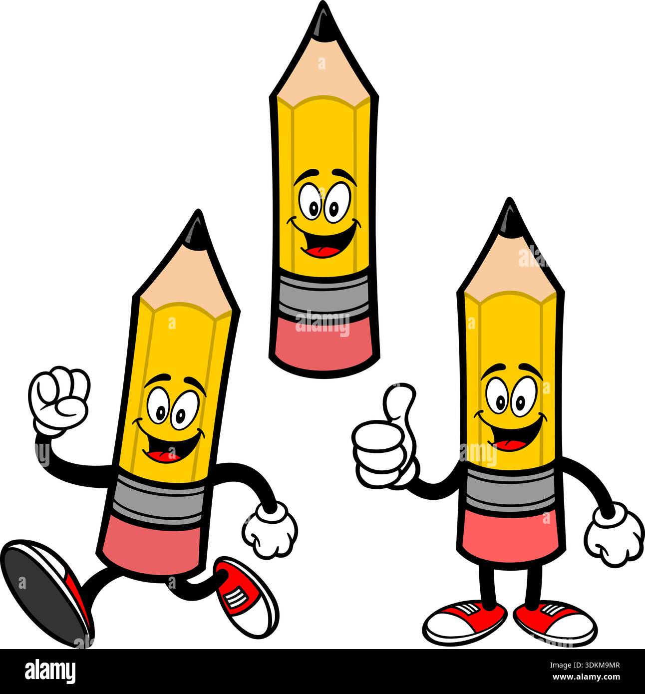 Pencil Mascot Set 01, Hand Drawn illustrations of Pencil Mascots in various poses. Stock Vector