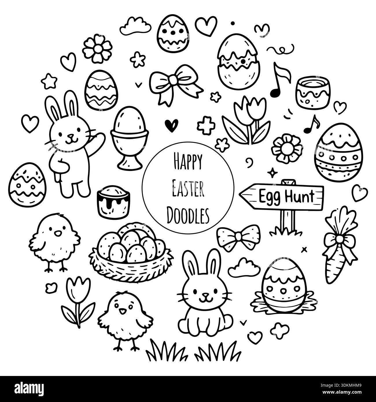 Cute Easter Doodle Line Art Collection. Hand drawn elements Stock ...