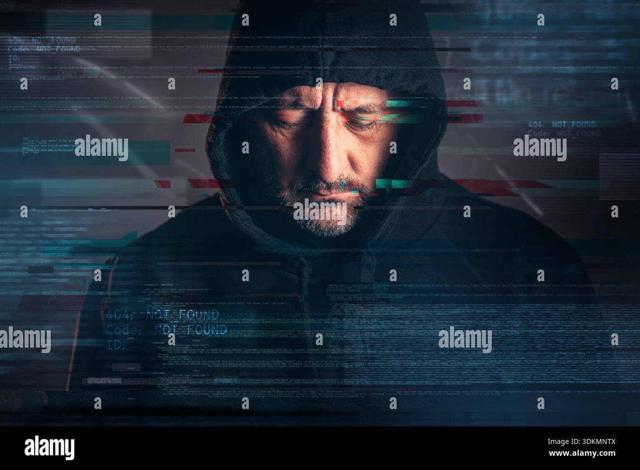 Cyber hacker portrait with glitch effect and 404 Not Found code overlay, selective focus Stock Photo