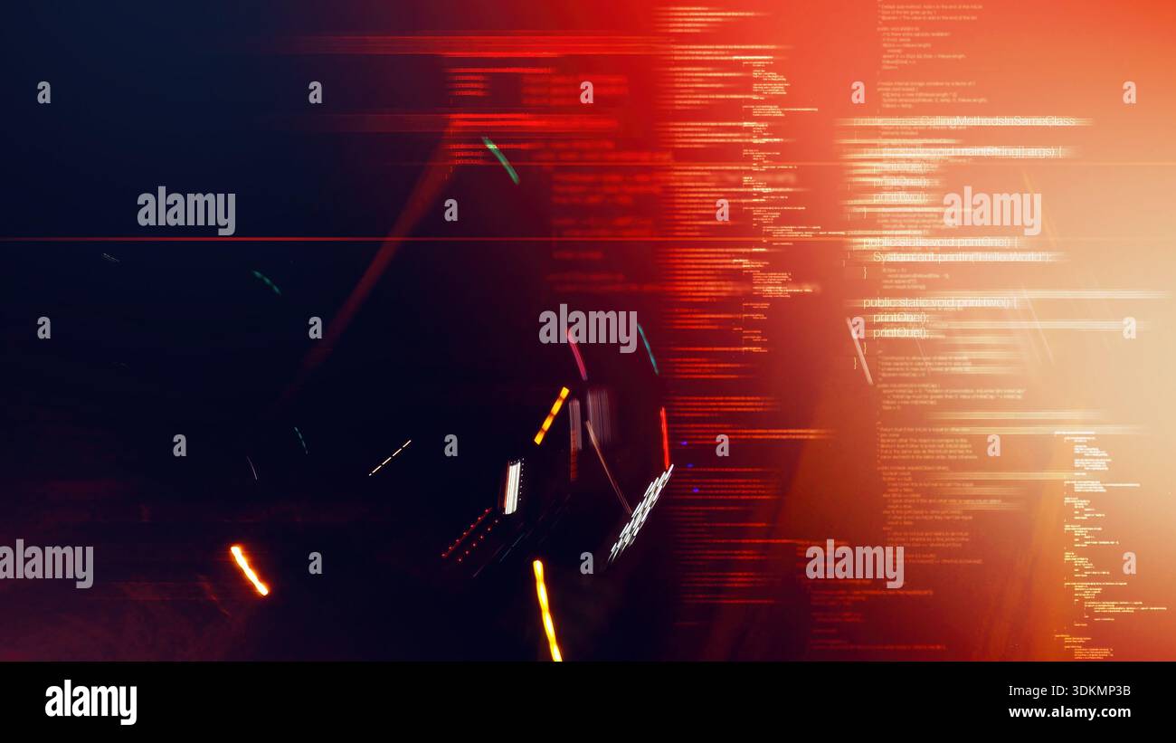 Abstract red digital computer programmer code with motion blur and light streaks, computer generated Stock Photo