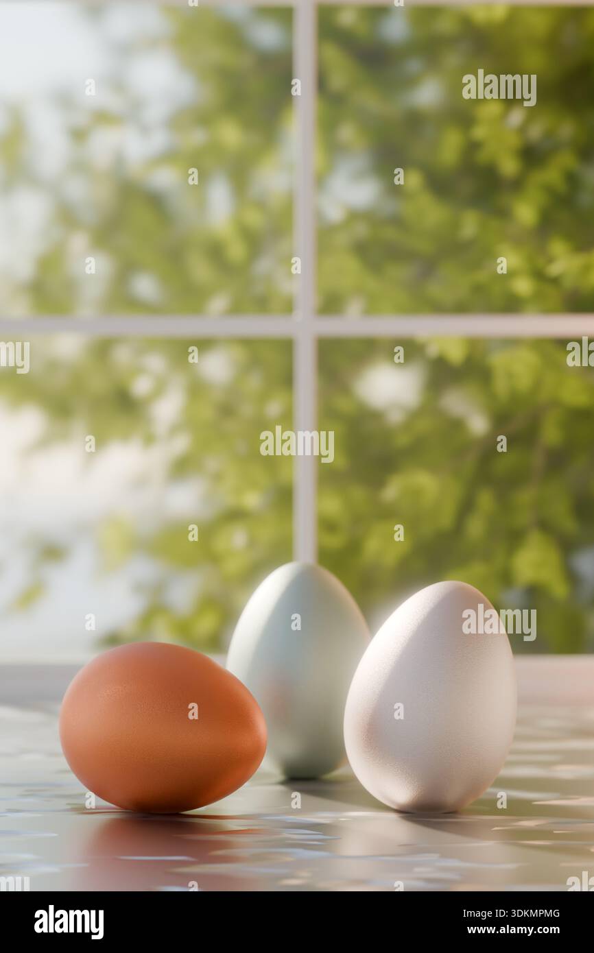 Three Easter eggs are displayed on a table by a window with green trees outside. 3d rendering Stock Photo