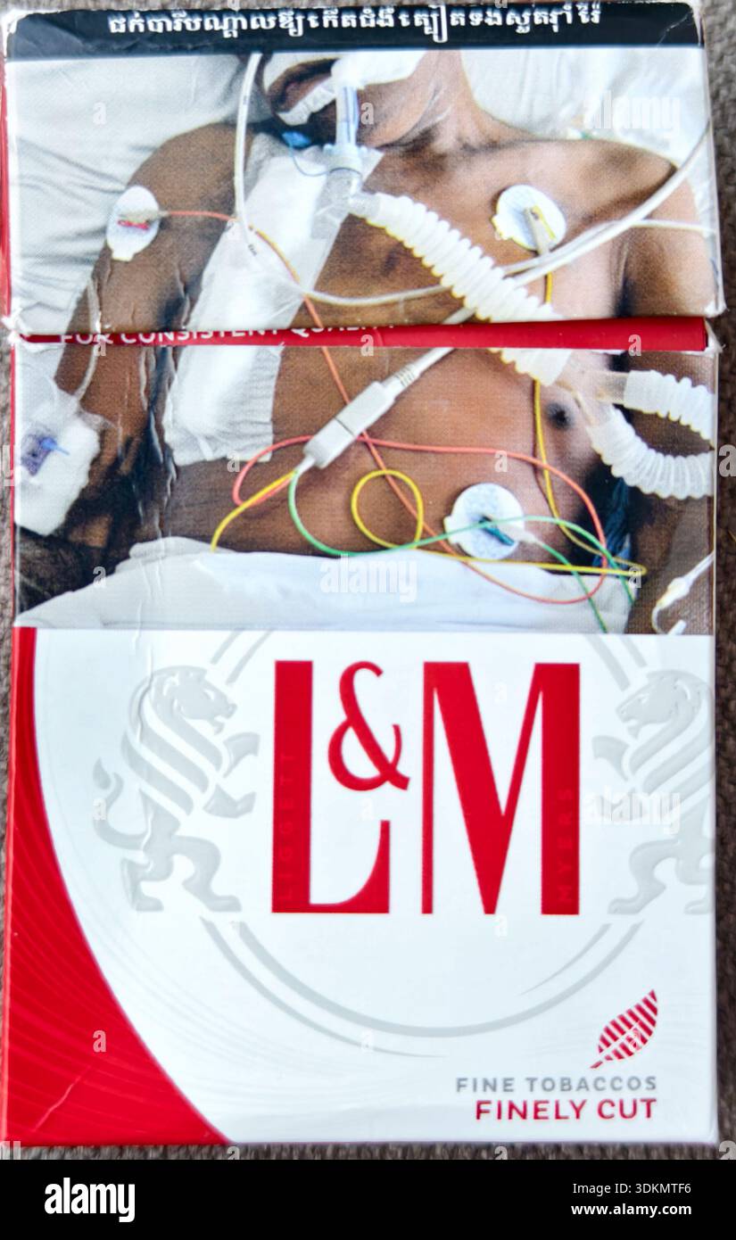 pack of L&M brand cigarettes sold in Cambodia, featuring a graphic health  warning as mandated by the country's tobacco control; image shows a patient  in a hospital bed with medical tubes and