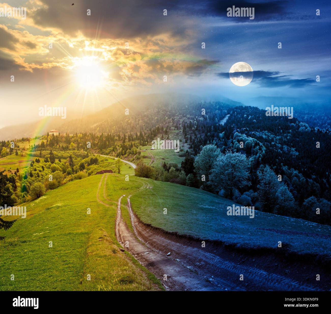 dirt road winding through green rolling hills. day and night time change concept. rural landscape in mountain range with sun and moon at twilight. cou Stock Photo