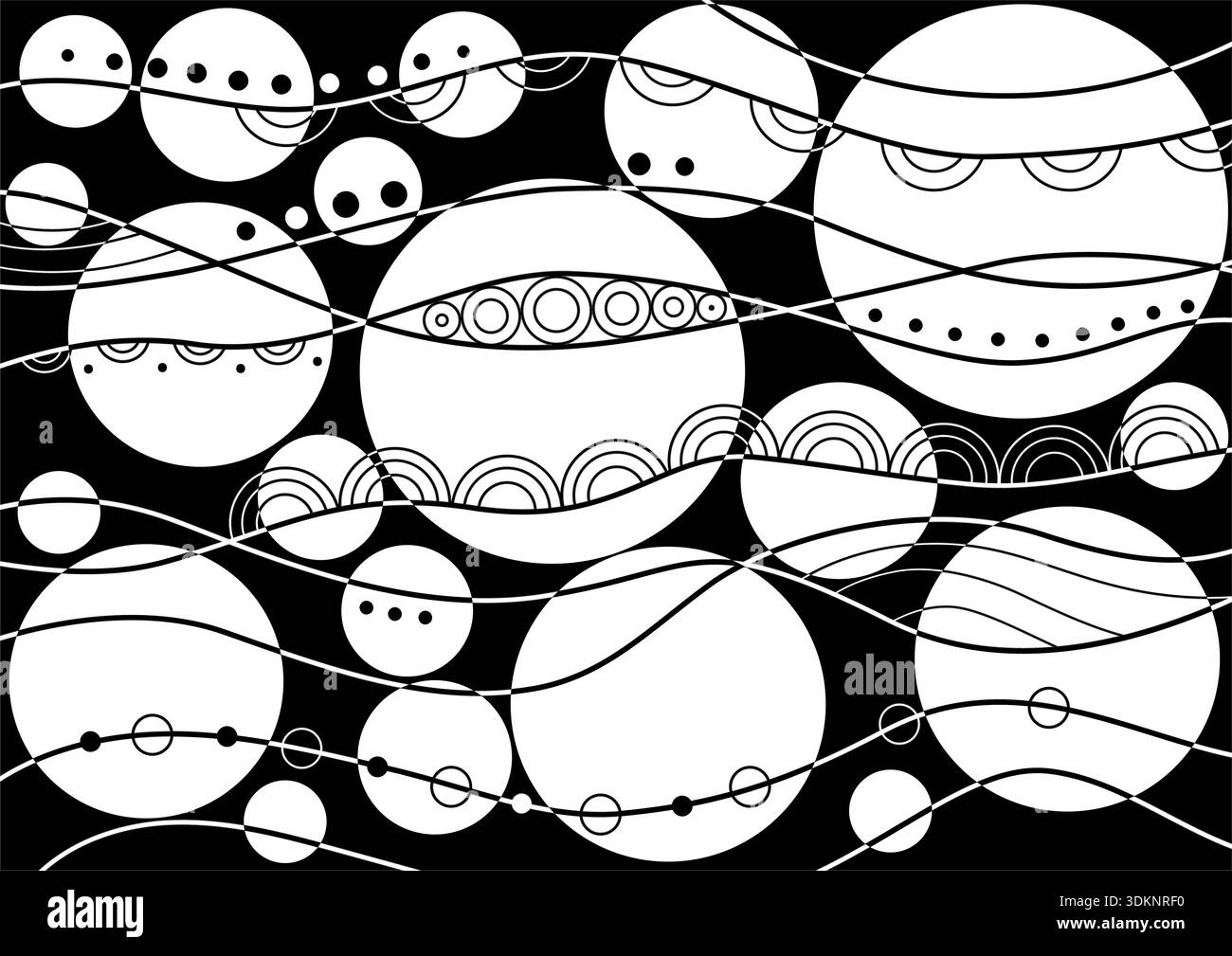 Monochrome abstract background. Black white zentangle style design. Randomly curve lines and circles. Expressive design element Stock Vector