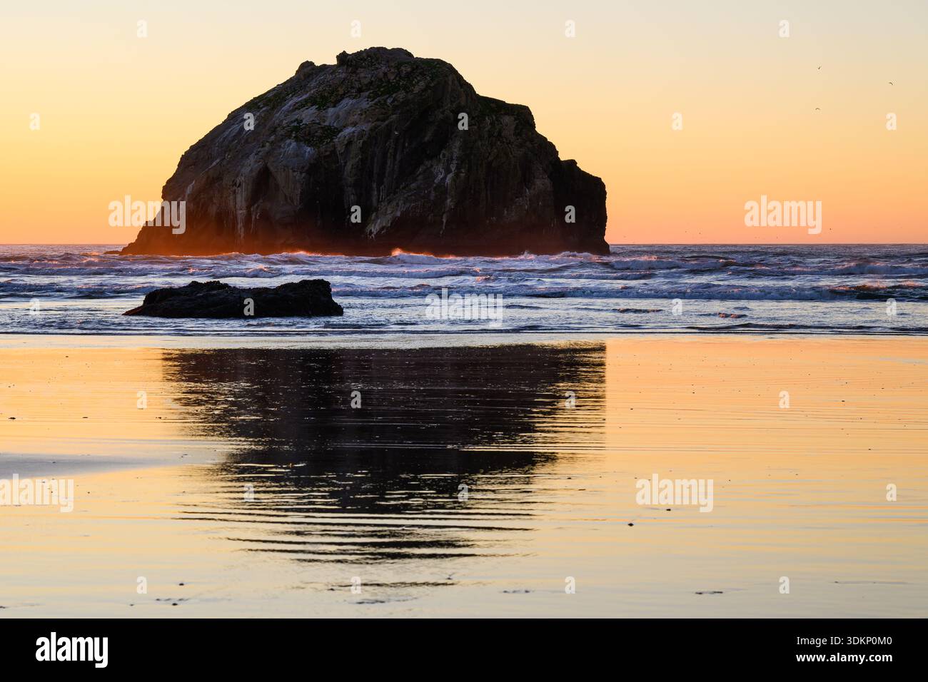 Face Rock coastal feature on Oregon Coast at Bandon with waves highlighted by setting sun Stock Photo