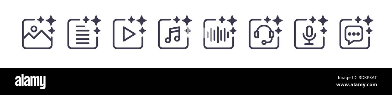 Set of AI tools icons for generating images, video, code, music, text ...
