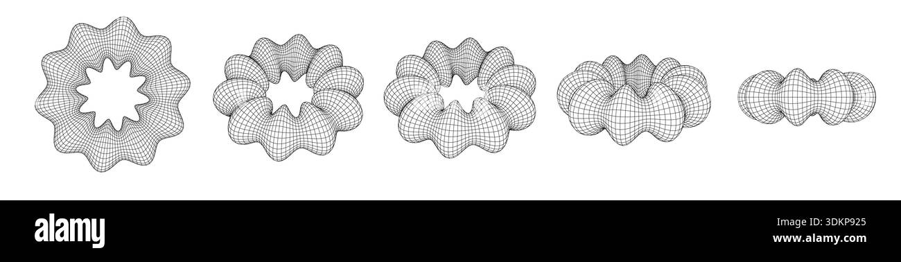 Monochrome Wireframe Grid Shape. Abstract 3D Torus Shape Stock Vector