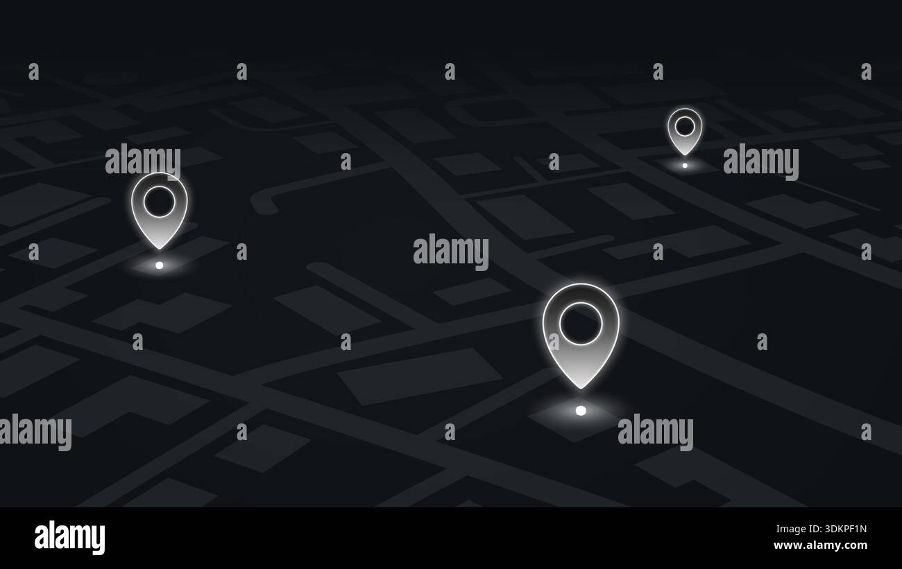 Modern city map in dark perspective with glowing GPS pins highlighting ...