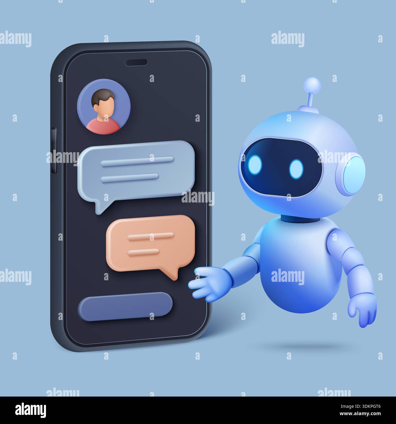 Friendly 3d robot chatbot interacting with user messages on a mobile phone, representing artificial intelligence and digital communication technology vector illustration Stock Vector