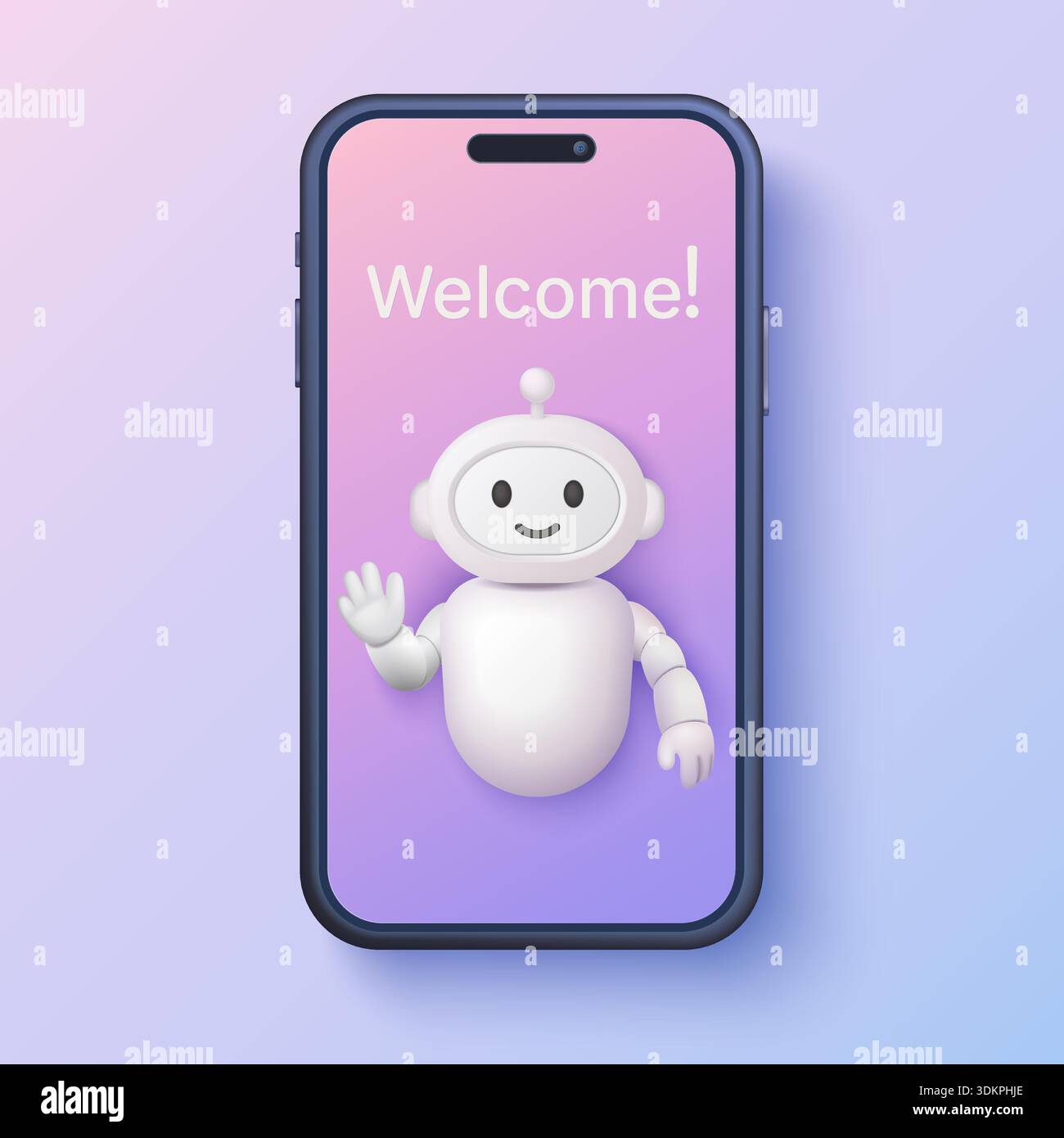 Friendly 3d chatbot character waving hello on smartphone screen with ...