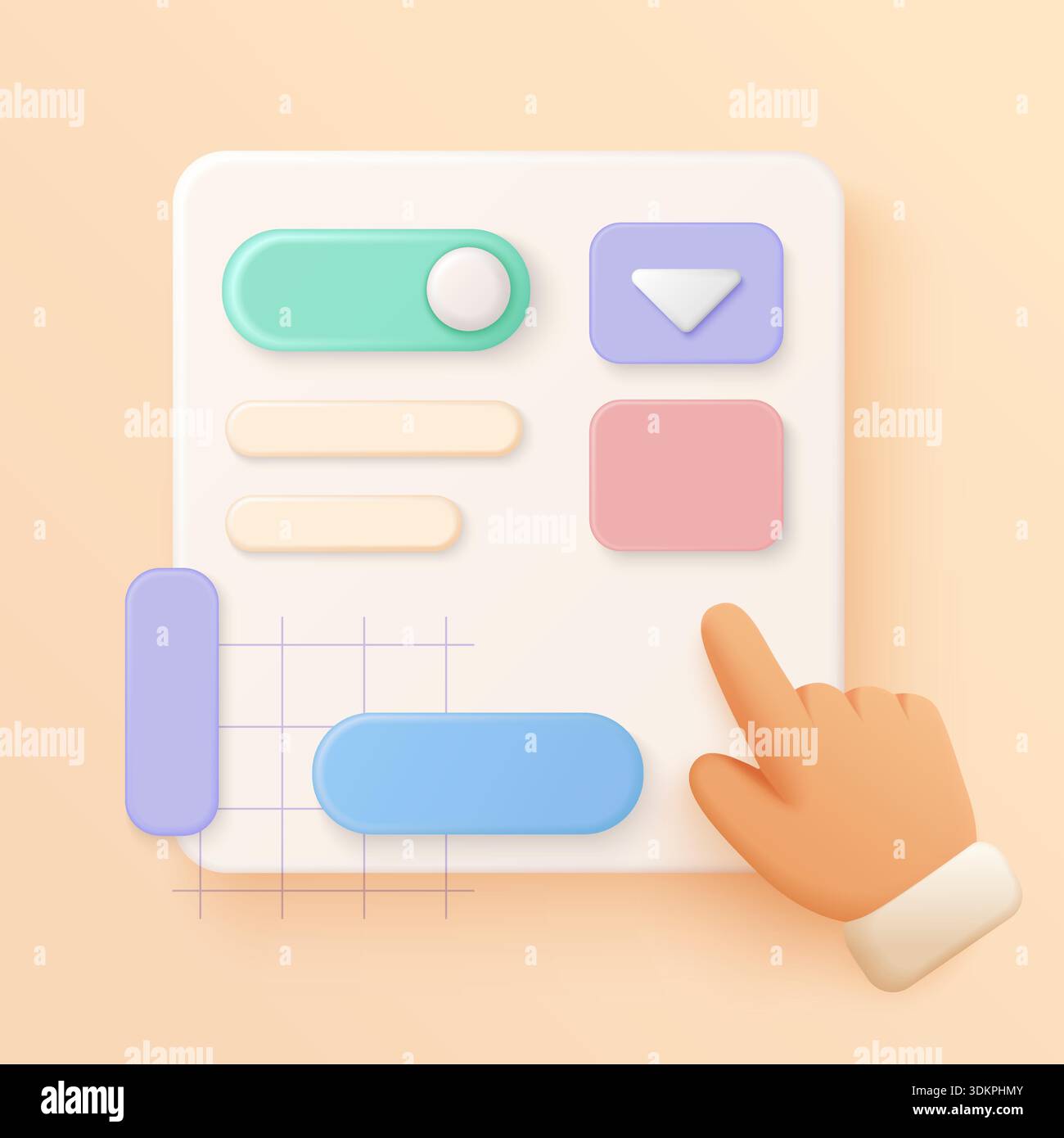 Colorful 3D interface design UI toolkit with buttons, sliders, and hand ...