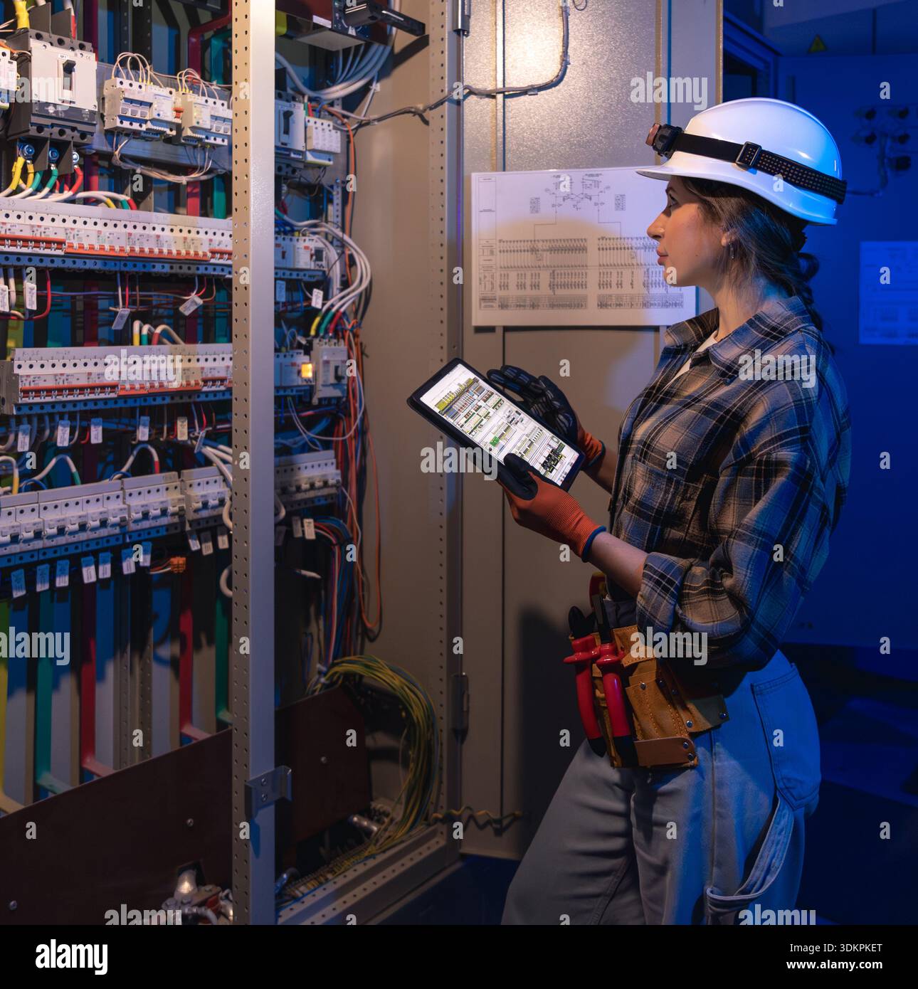 Woman electrician audits industrial switchboard with tablet. Energy audit. Stock Photo