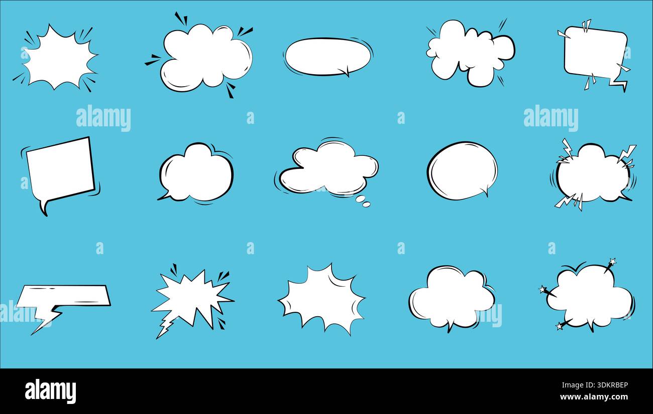 Set of blank comic speech bubbles and thought balloons on blue background Stock Vector