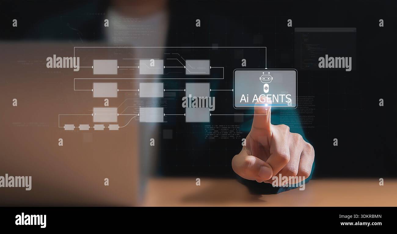 The concept of AI-powered automation, artificial intelligence software, and workflow processing. Stock Photo