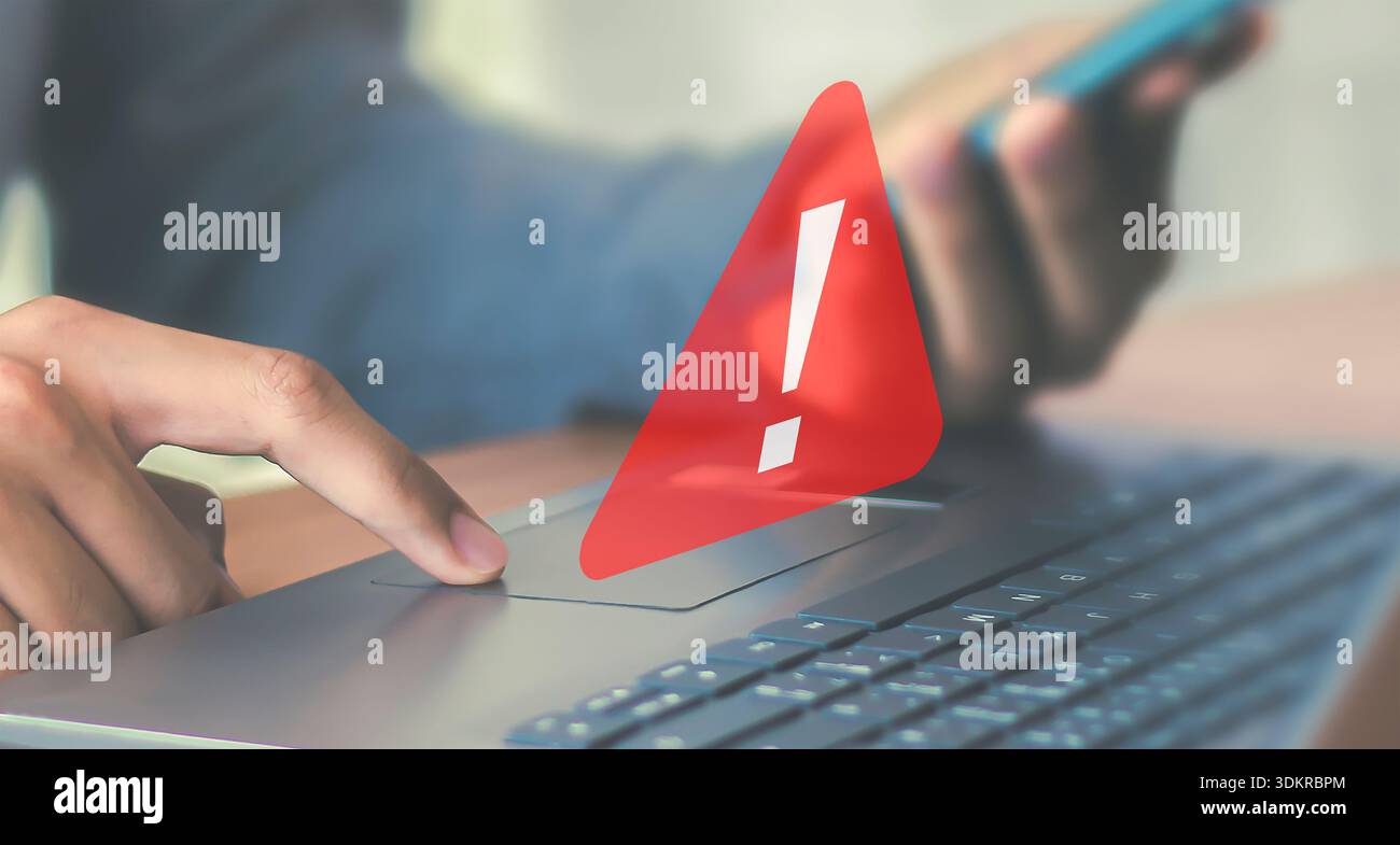 Page not found 404 error warning on laptop screen. Internet connection failed. Broken website concept. Digital communication problem. Stock Photo