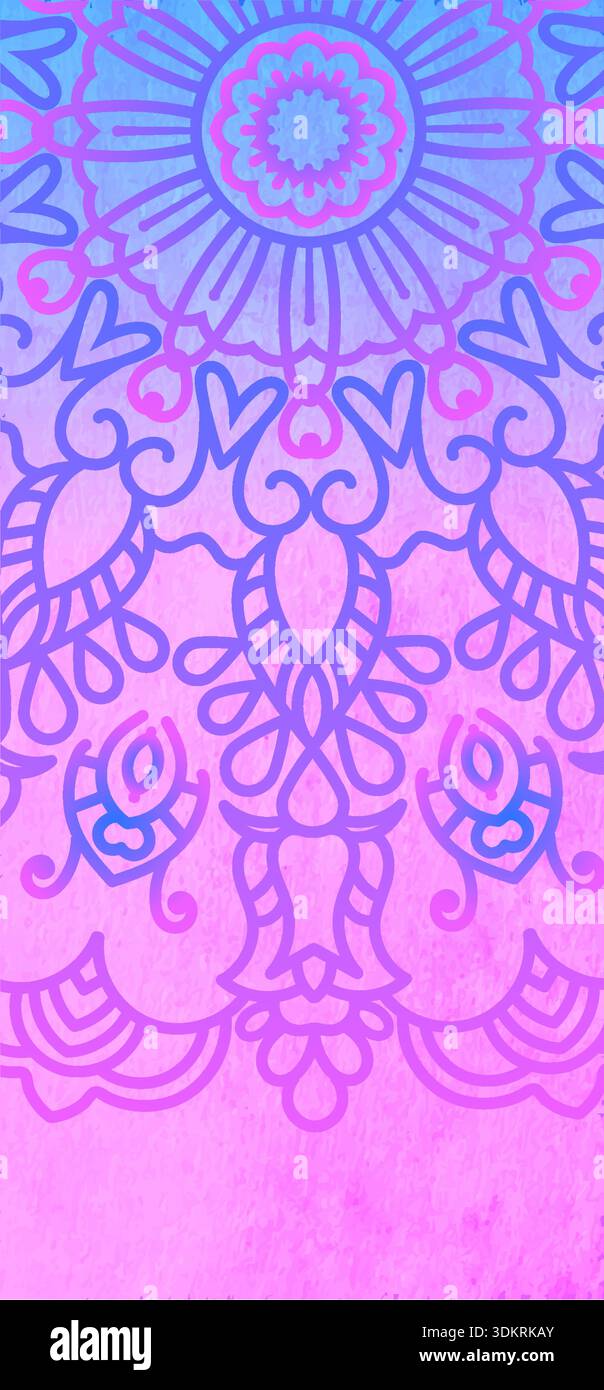 Lilac Blue Mandala Pattern on white background. Horizontal banner. Stock Vector
