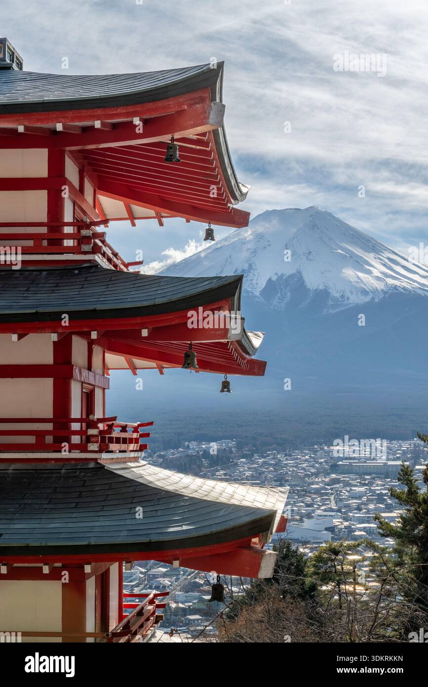 Chureito pagoda with Mt Fuji in the background, iconic travel destination in Japan, winter tourism, landscape Stock Photo