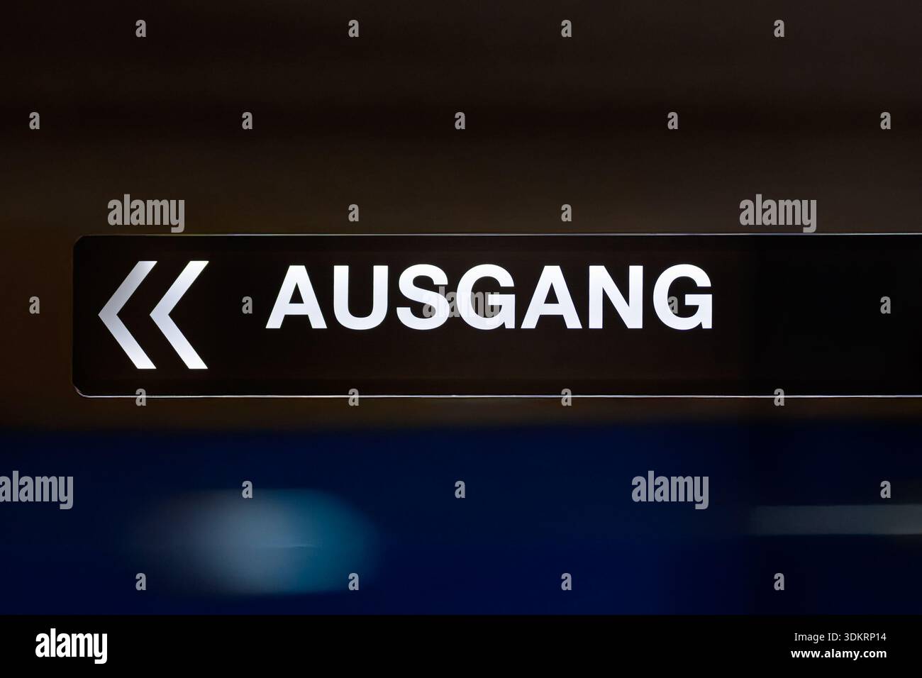 Bright illuminated exit sign with double arrow symbols pointing left in ...