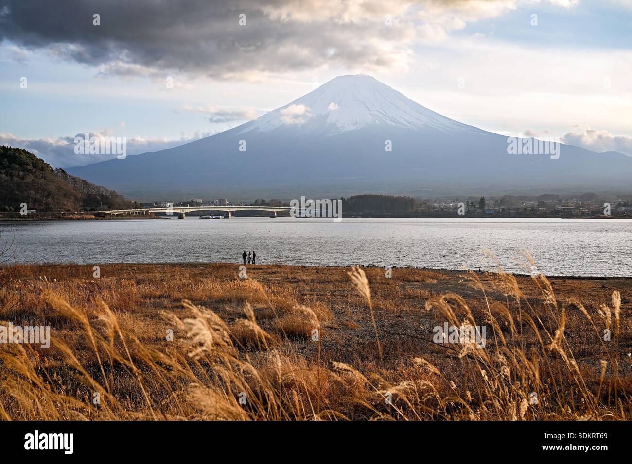 Mt Fuji in Japan, in afternoon light, seen from across lake Kawaguchi Stock Photo