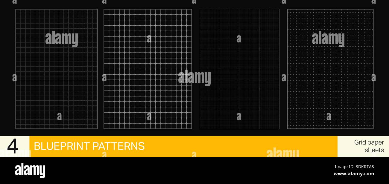 Black blueprint patterns set. Graph paper backgrounds with lines and dots. School math sheets Stock Vector
