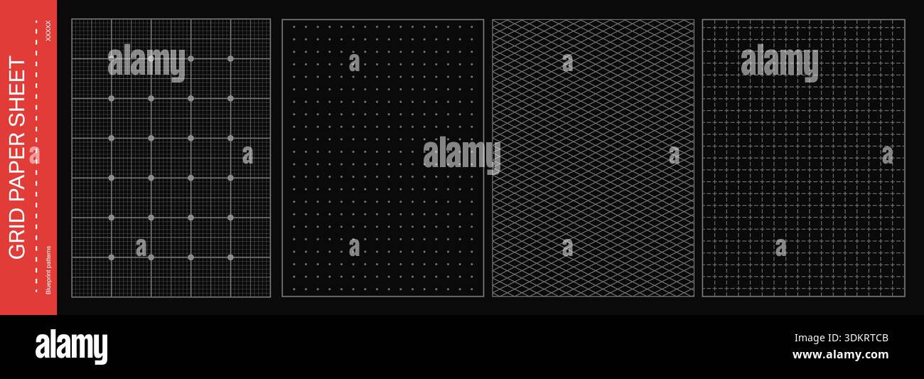 Black grid paper sheet collection. Blueprint patterns with dots and lines Stock Vector