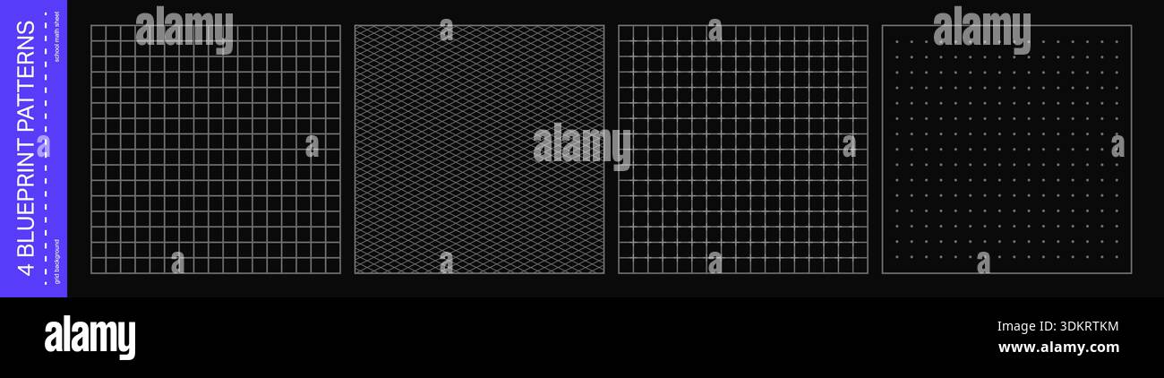 Black grid paper sheet set. Minimal template collection with different patterns. Blueprint bg Stock Vector