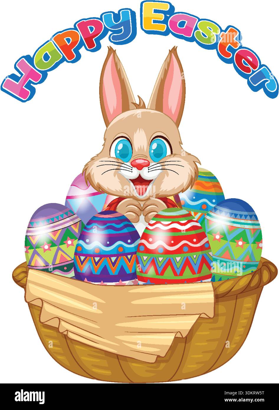 A cheerful brown rabbit sits inside a wicker basket filled with colorful patterned Easter eggs Stock Vector