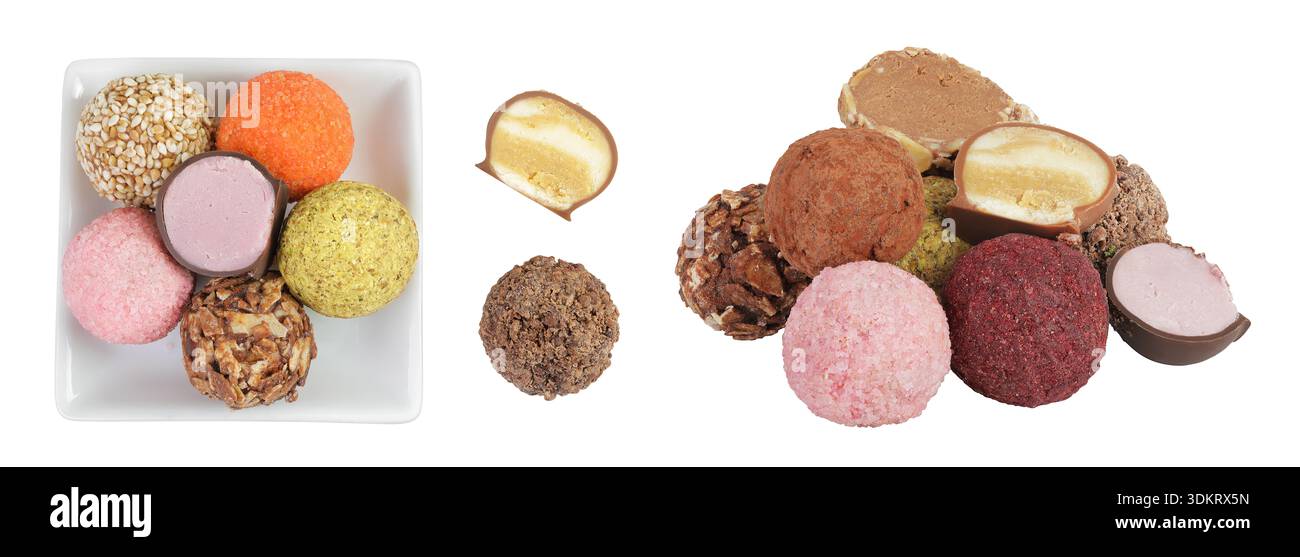 A variety of different truffles in a ceramic bowl Isolated on a white background. Top view. Flat lay Stock Photo