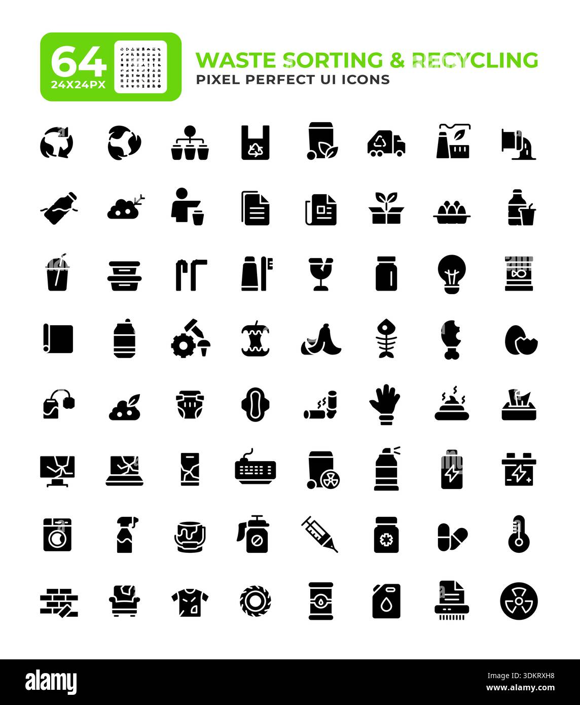 Waste sorting glyph essential ui icon set Stock Vector