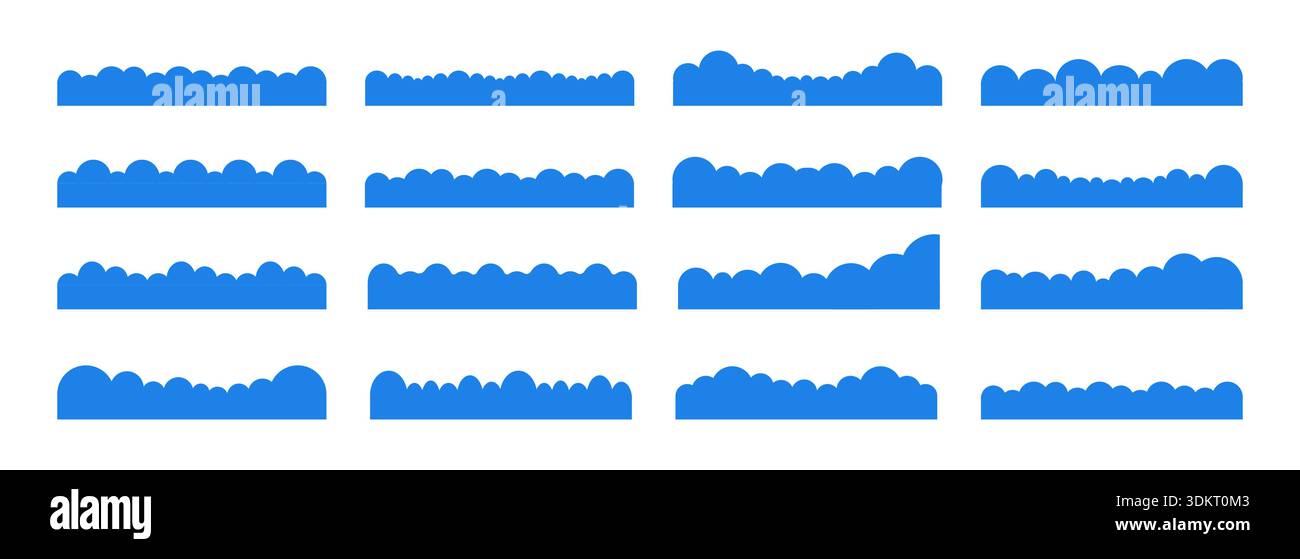 Simple clouds divider web site separator set. Fluffy curve edge header section. Blue border for banner, frame bottom, template. Vector illustration Stock Vector