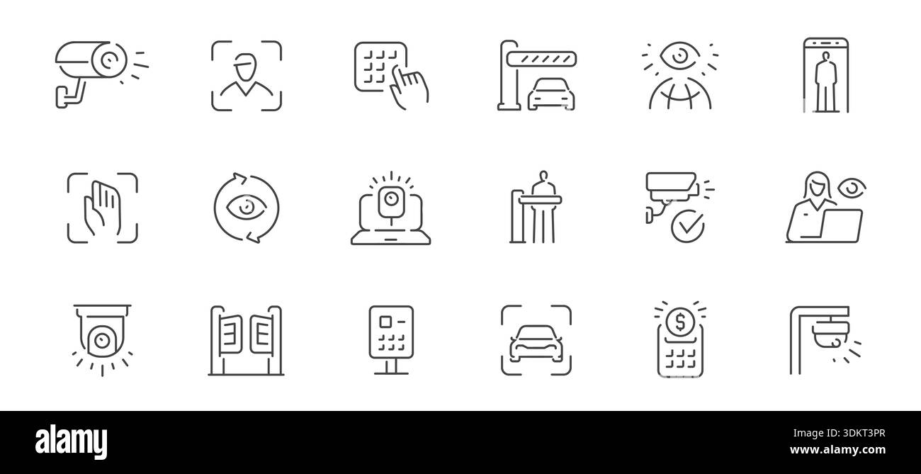 AI security and surveillance line icons set. Facial recognition ...