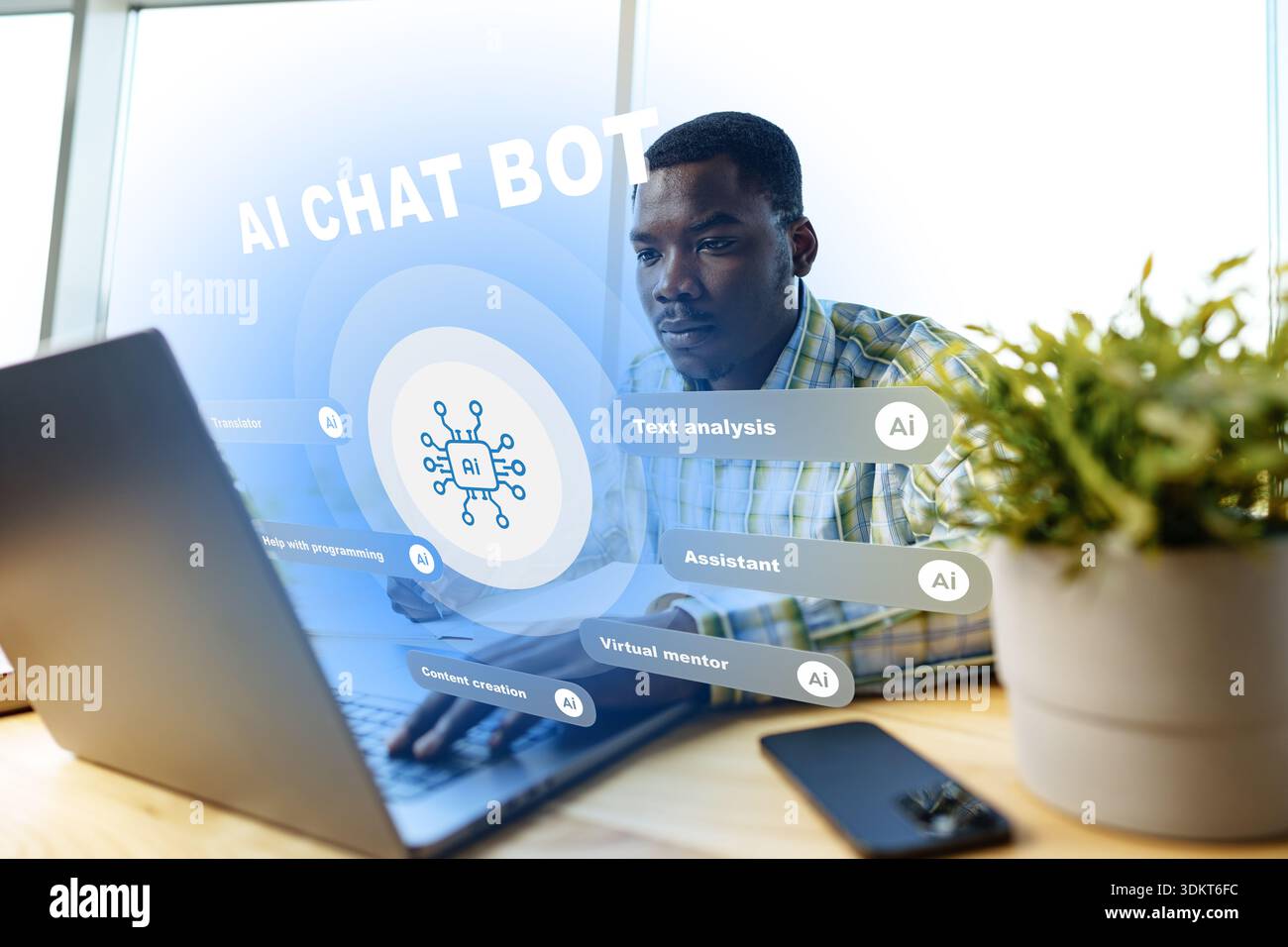 Person working on laptop with AI chat bot interface in modern office ...