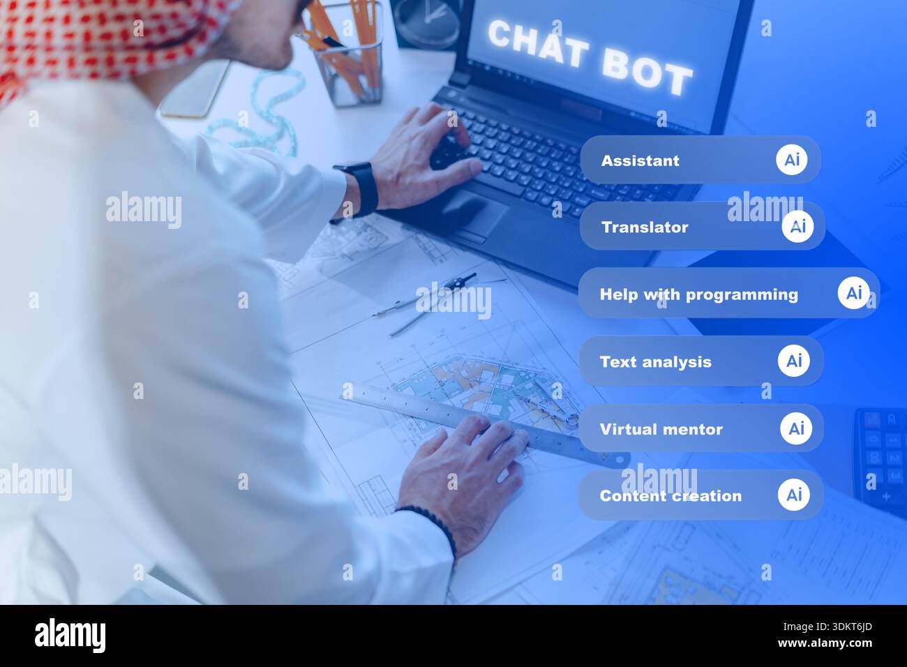 Person using laptop to explore various AI applications in a work setting Stock Photo