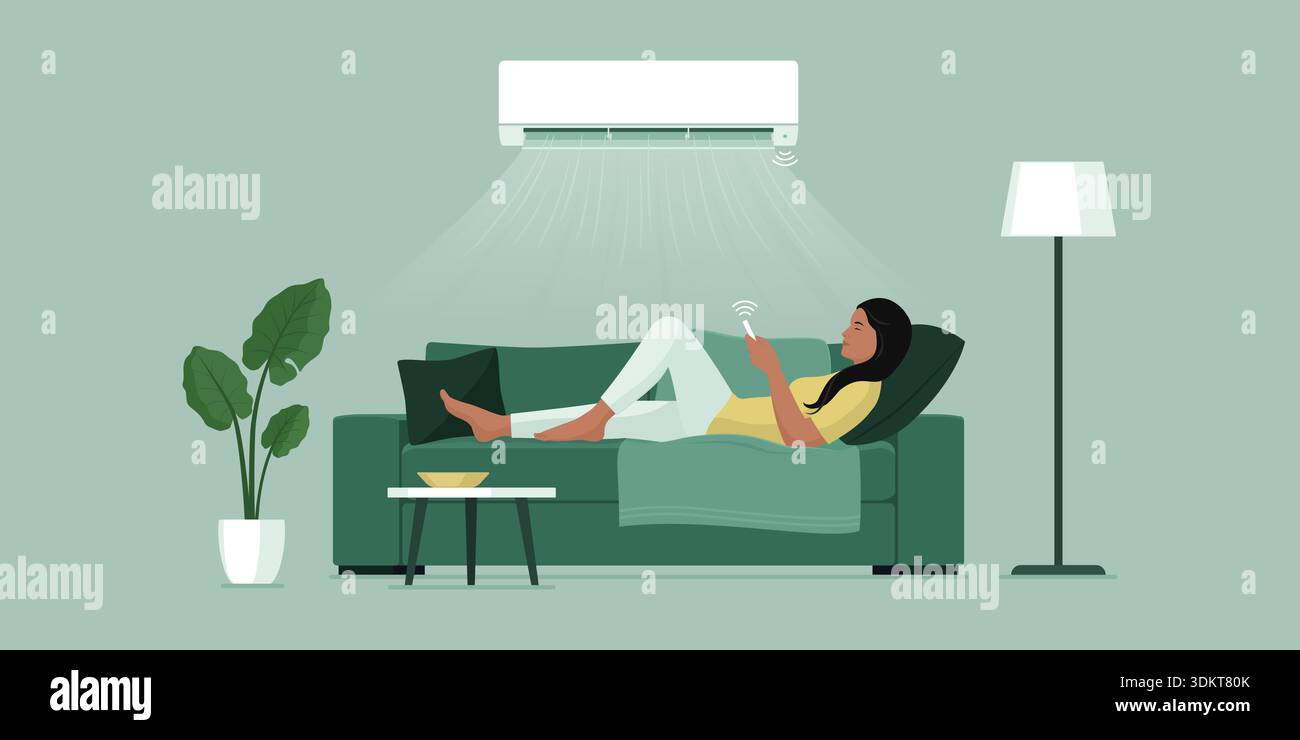 Air conditioning split system at home and Indian woman relaxing on the couch, she is using the AC remote control Stock Vector