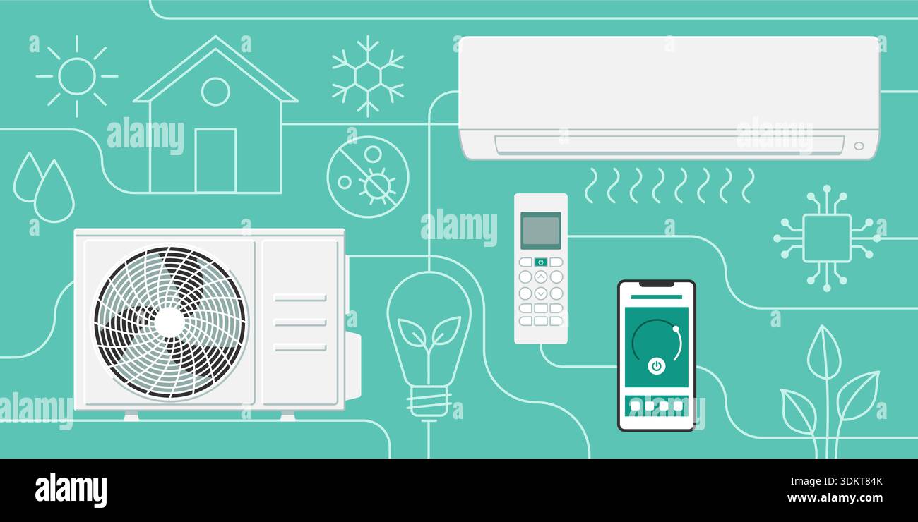 Air conditioning system background with icons, AC split system with smartphone app and remote control Stock Vector