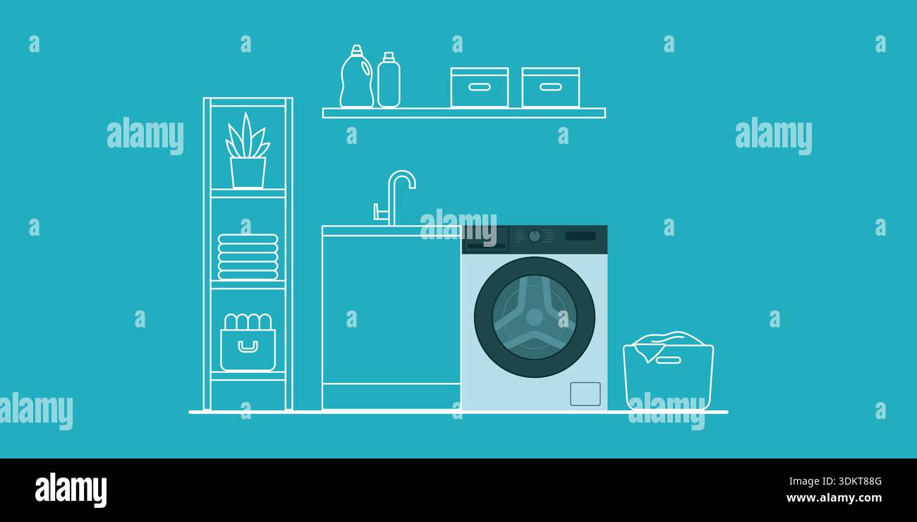 Smart washing machine in the laundry room: interior design and home automation concept, isolated Stock Vector