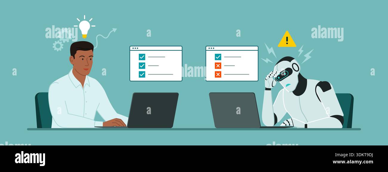 Man vs. machine: office worker completing all tasks and inefficient AI robot Stock Vector