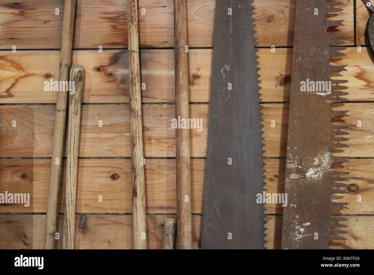 Vintage Hand Tools Hanging on Wooden Workshop Wall Stock Photo