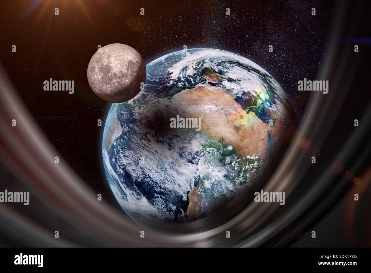 Moon, Earth and solar eclipse seen through a spaceship window. The Moon shadow falls on Earth. This image elements furnished by NASA. Stock Photo