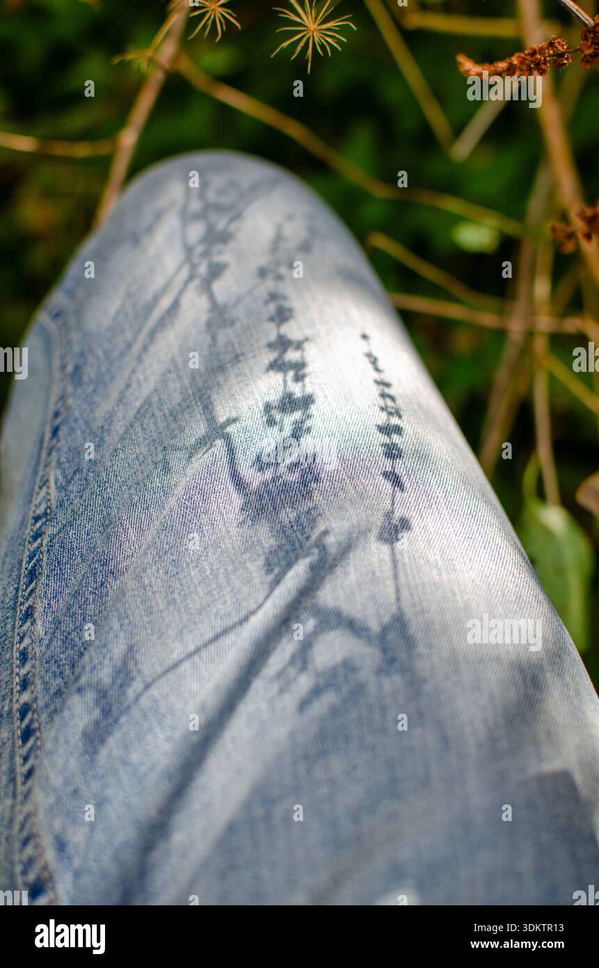 Denim Daydream: Sunlight and Shadows Dance on a Denim-Clad Leg in Nature Stock Photo
