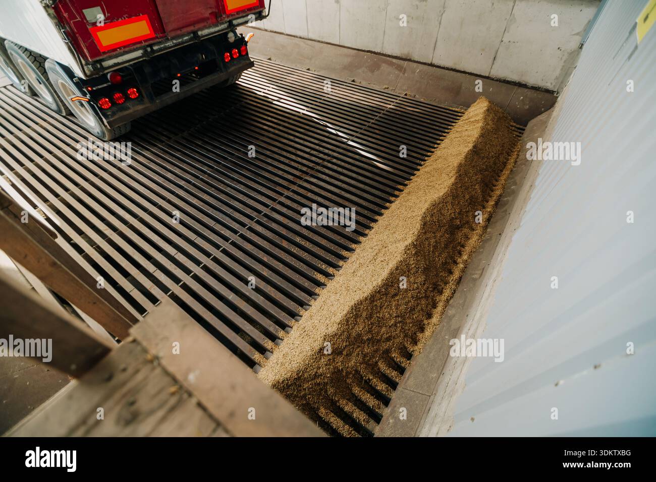 A red truck unloads grain onto a metal grate at an industrial facility ...